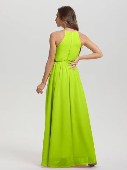 Halter Scoop Neck Sleeveless Floor Length Chiffon Bridesmaid Dress with Sashes