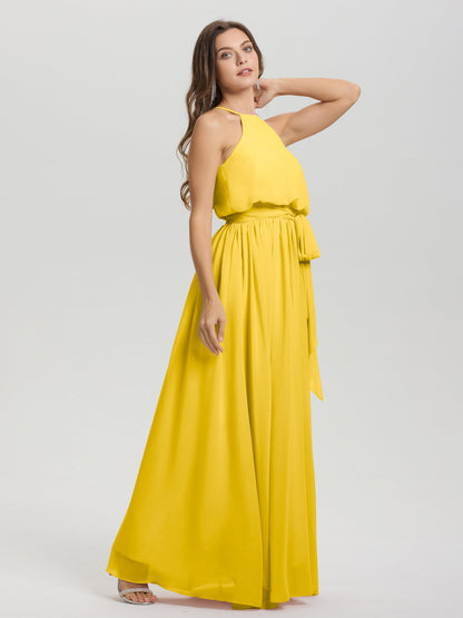 Halter Scoop Neck Sleeveless Floor Length Chiffon Bridesmaid Dress with Sashes