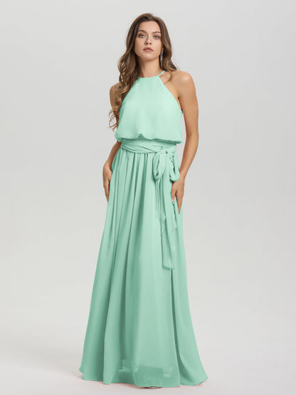 Halter Scoop Neck Sleeveless Floor Length Chiffon Bridesmaid Dress with Sashes