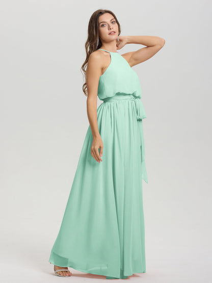 Halter Scoop Neck Sleeveless Floor Length Chiffon Bridesmaid Dress with Sashes