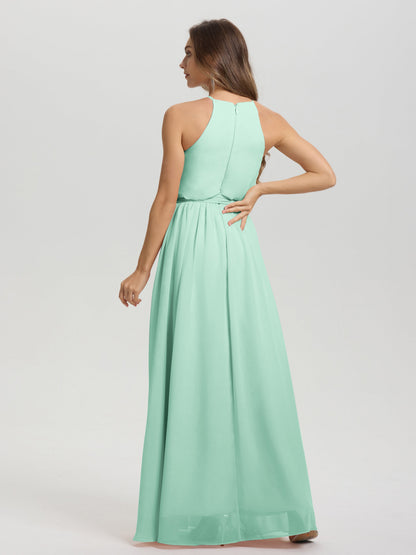 Halter Scoop Neck Sleeveless Floor Length Chiffon Bridesmaid Dress with Sashes
