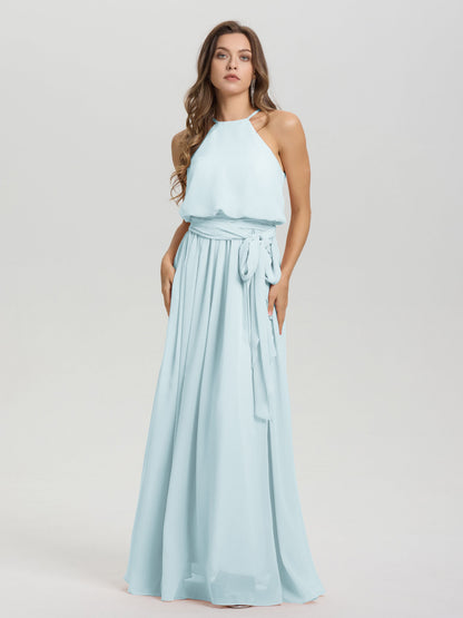 Halter Scoop Neck Sleeveless Floor Length Chiffon Bridesmaid Dress with Sashes