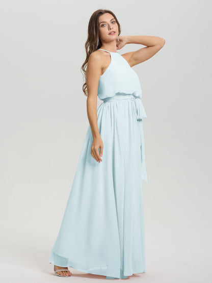 Halter Scoop Neck Sleeveless Floor Length Chiffon Bridesmaid Dress with Sashes