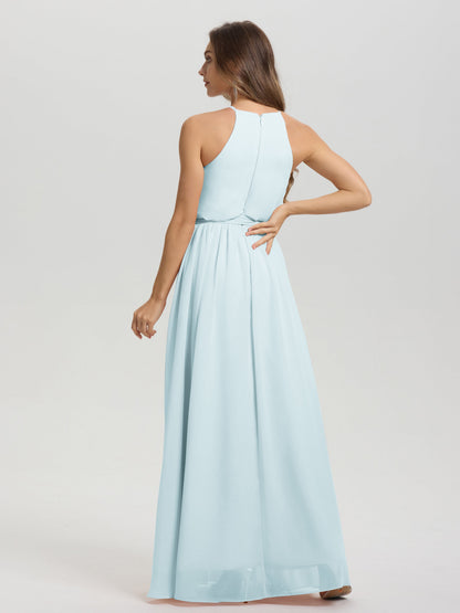 Halter Scoop Neck Sleeveless Floor Length Chiffon Bridesmaid Dress with Sashes