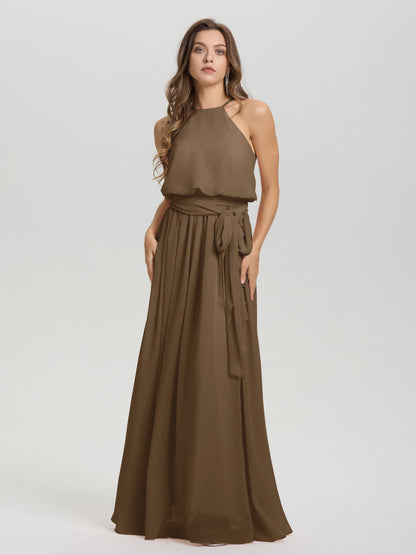 Halter Scoop Neck Sleeveless Floor Length Chiffon Bridesmaid Dress with Sashes
