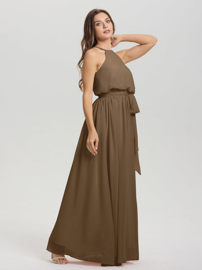 Halter Scoop Neck Sleeveless Floor Length Chiffon Bridesmaid Dress with Sashes