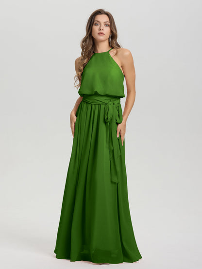 Halter Scoop Neck Sleeveless Floor Length Chiffon Bridesmaid Dress with Sashes