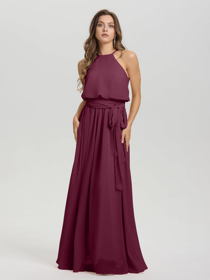 Halter Scoop Neck Sleeveless Floor Length Chiffon Bridesmaid Dress with Sashes