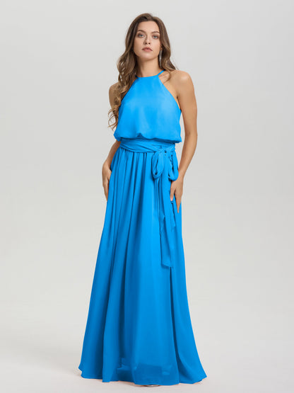 Halter Scoop Neck Sleeveless Floor Length Chiffon Bridesmaid Dress with Sashes