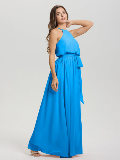 Halter Scoop Neck Sleeveless Floor Length Chiffon Bridesmaid Dress with Sashes