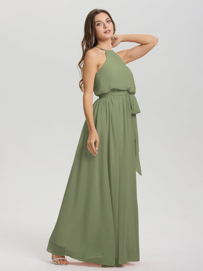 Halter Scoop Neck Sleeveless Floor Length Chiffon Bridesmaid Dress with Sashes