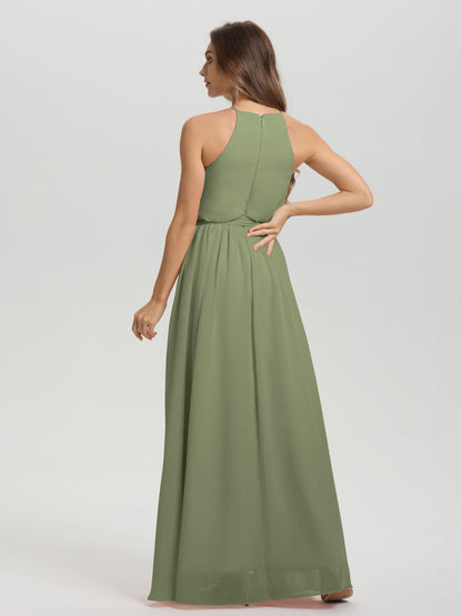 Halter Scoop Neck Sleeveless Floor Length Chiffon Bridesmaid Dress with Sashes