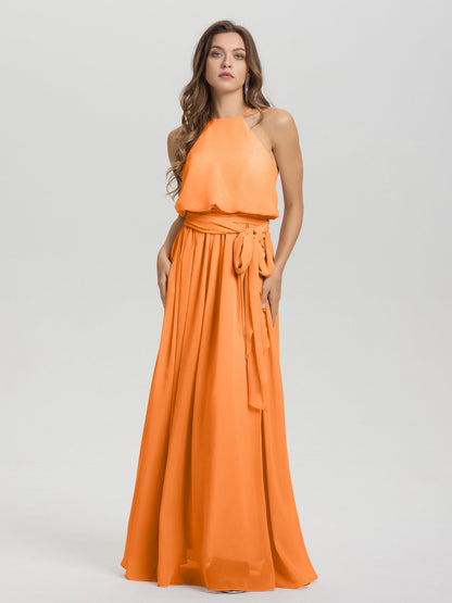 Halter Scoop Neck Sleeveless Floor Length Chiffon Bridesmaid Dress with Sashes