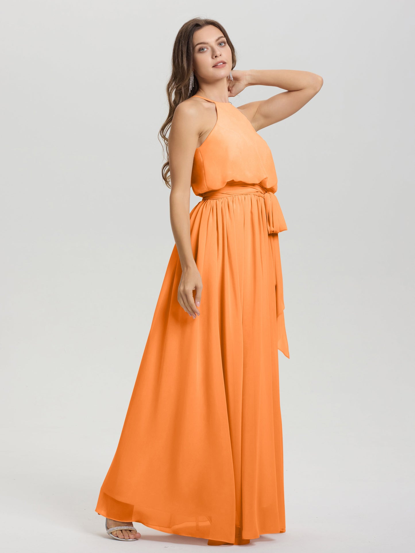 Halter Scoop Neck Sleeveless Floor Length Chiffon Bridesmaid Dress with Sashes