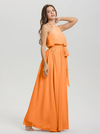 Halter Scoop Neck Sleeveless Floor Length Chiffon Bridesmaid Dress with Sashes
