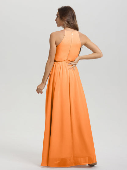 Halter Scoop Neck Sleeveless Floor Length Chiffon Bridesmaid Dress with Sashes
