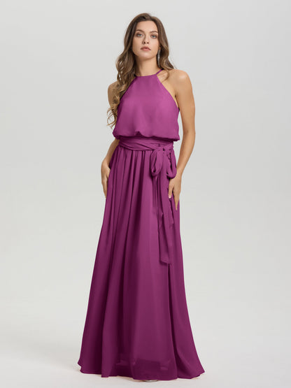Halter Scoop Neck Sleeveless Floor Length Chiffon Bridesmaid Dress with Sashes