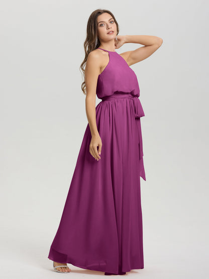 Halter Scoop Neck Sleeveless Floor Length Chiffon Bridesmaid Dress with Sashes