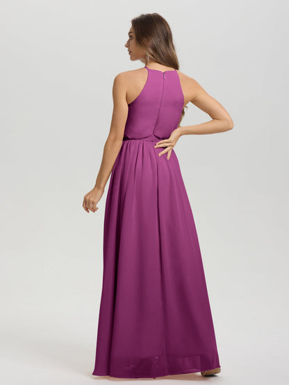 Halter Scoop Neck Sleeveless Floor Length Chiffon Bridesmaid Dress with Sashes