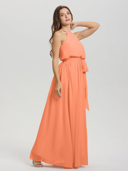 Halter Scoop Neck Sleeveless Floor Length Chiffon Bridesmaid Dress with Sashes