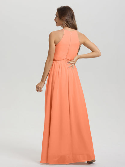 Halter Scoop Neck Sleeveless Floor Length Chiffon Bridesmaid Dress with Sashes