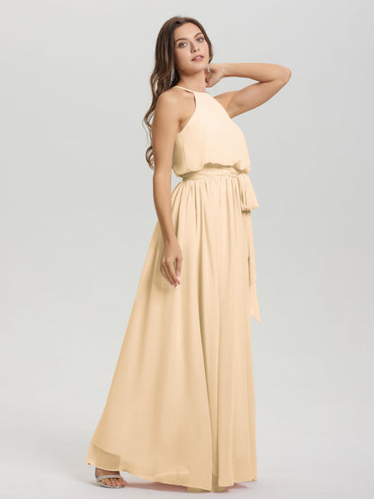 Halter Scoop Neck Sleeveless Floor Length Chiffon Bridesmaid Dress with Sashes