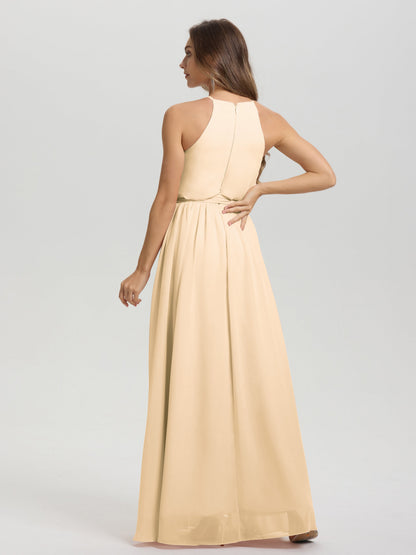 Halter Scoop Neck Sleeveless Floor Length Chiffon Bridesmaid Dress with Sashes