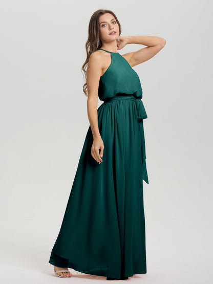 Halter Scoop Neck Sleeveless Floor Length Chiffon Bridesmaid Dress with Sashes