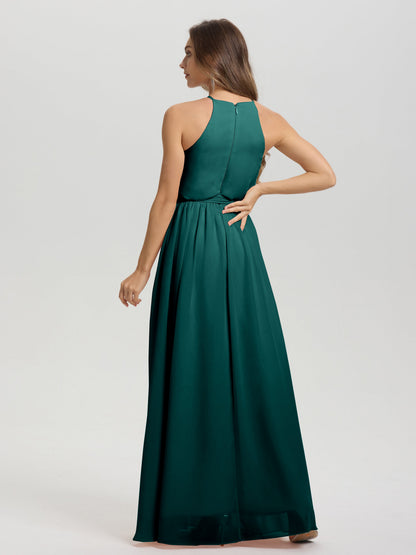 Halter Scoop Neck Sleeveless Floor Length Chiffon Bridesmaid Dress with Sashes
