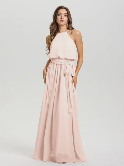 Halter Scoop Neck Sleeveless Floor Length Chiffon Bridesmaid Dress with Sashes
