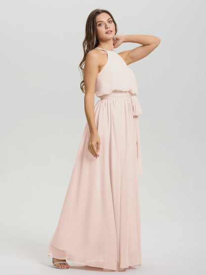 Halter Scoop Neck Sleeveless Floor Length Chiffon Bridesmaid Dress with Sashes