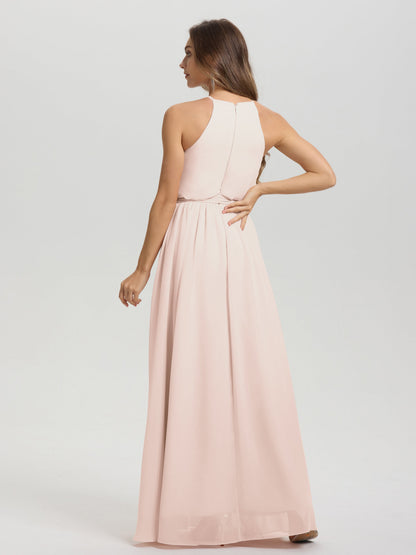 Halter Scoop Neck Sleeveless Floor Length Chiffon Bridesmaid Dress with Sashes