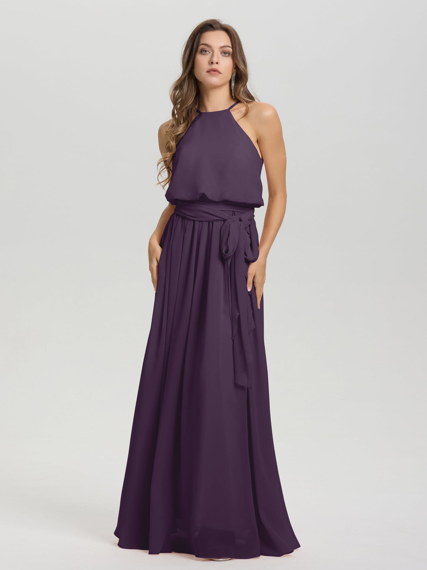 Halter Scoop Neck Sleeveless Floor Length Chiffon Bridesmaid Dress with Sashes