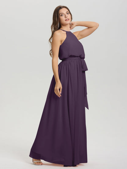 Halter Scoop Neck Sleeveless Floor Length Chiffon Bridesmaid Dress with Sashes