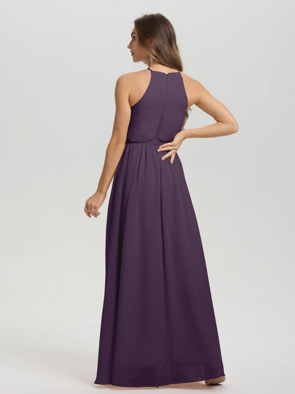 Halter Scoop Neck Sleeveless Floor Length Chiffon Bridesmaid Dress with Sashes
