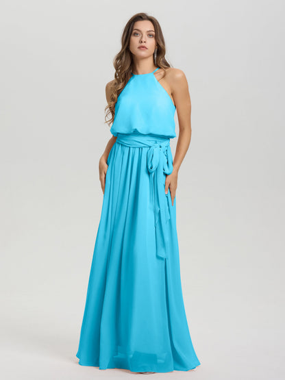 Halter Scoop Neck Sleeveless Floor Length Chiffon Bridesmaid Dress with Sashes