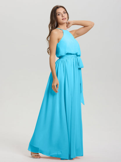Halter Scoop Neck Sleeveless Floor Length Chiffon Bridesmaid Dress with Sashes