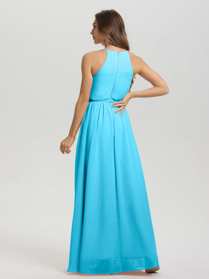 Halter Scoop Neck Sleeveless Floor Length Chiffon Bridesmaid Dress with Sashes