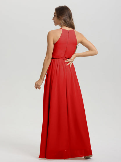 Halter Scoop Neck Sleeveless Floor Length Chiffon Bridesmaid Dress with Sashes