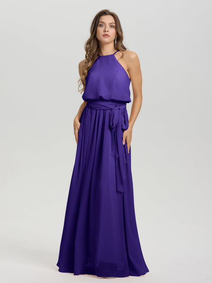 Halter Scoop Neck Sleeveless Floor Length Chiffon Bridesmaid Dress with Sashes