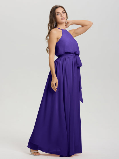 Halter Scoop Neck Sleeveless Floor Length Chiffon Bridesmaid Dress with Sashes