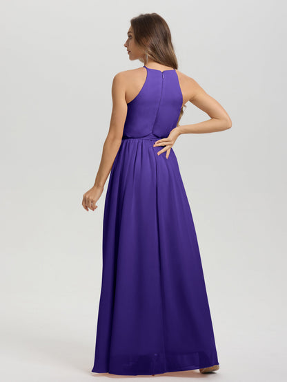 Halter Scoop Neck Sleeveless Floor Length Chiffon Bridesmaid Dress with Sashes