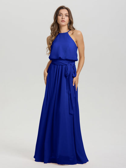 Halter Scoop Neck Sleeveless Floor Length Chiffon Bridesmaid Dress with Sashes