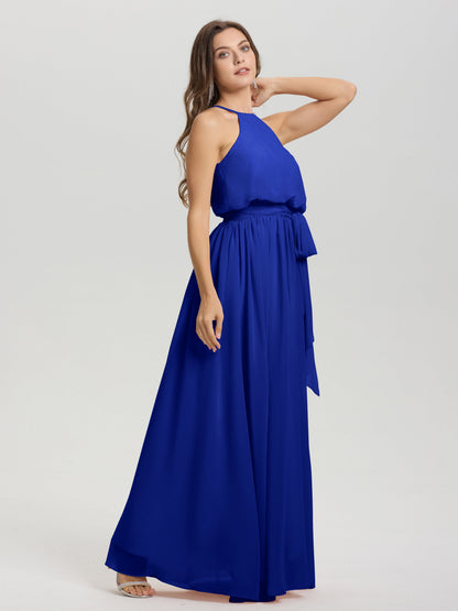 Halter Scoop Neck Sleeveless Floor Length Chiffon Bridesmaid Dress with Sashes