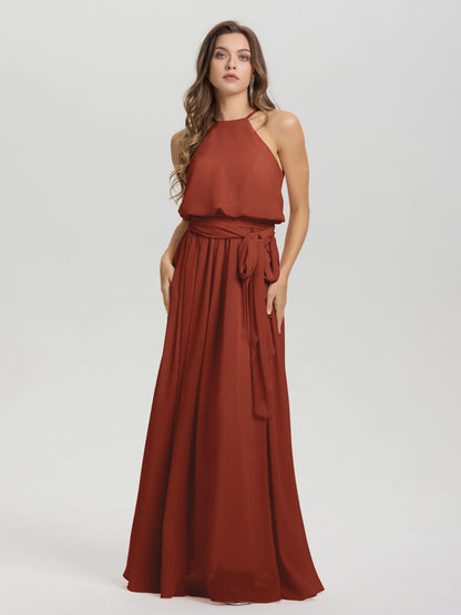 Halter Scoop Neck Sleeveless Floor Length Chiffon Bridesmaid Dress with Sashes