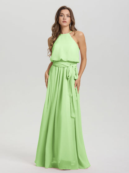 Halter Scoop Neck Sleeveless Floor Length Chiffon Bridesmaid Dress with Sashes