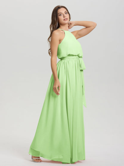 Halter Scoop Neck Sleeveless Floor Length Chiffon Bridesmaid Dress with Sashes