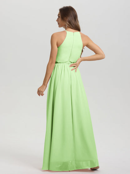 Halter Scoop Neck Sleeveless Floor Length Chiffon Bridesmaid Dress with Sashes