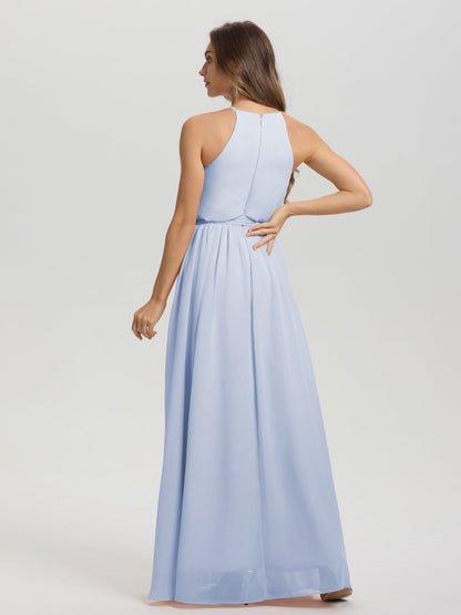 Halter Scoop Neck Sleeveless Floor Length Chiffon Bridesmaid Dress with Sashes