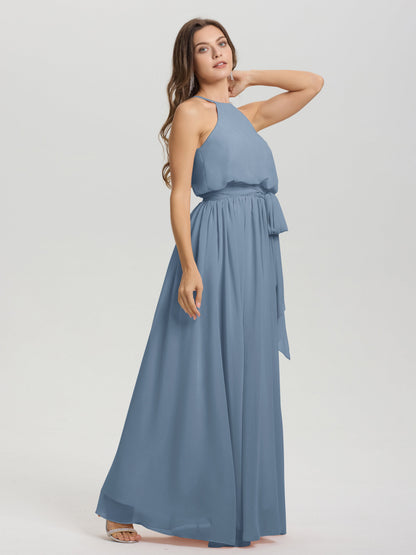 Halter Scoop Neck Sleeveless Floor Length Chiffon Bridesmaid Dress with Sashes